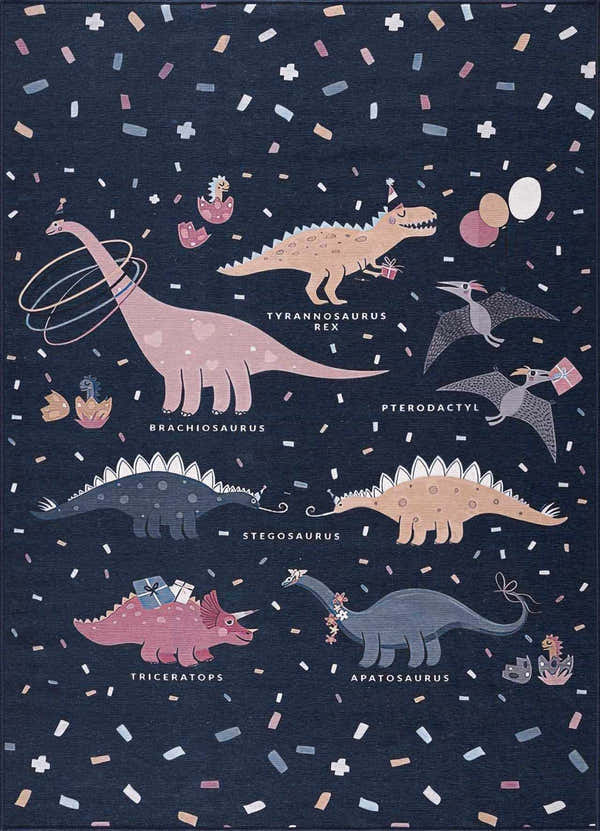 Close-up of the Milne Navy Dinosaur Washable Kids Rug. Features cartoon dinosaurs like T-Rex, Stegosaurus, and Triceratops on a navy background. Design-Rectangle-46