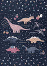 Close-up of the Milne Navy Dinosaur Washable Kids Rug. Features cartoon dinosaurs like T-Rex, Stegosaurus, and Triceratops on a navy background. Design-Rectangle-46