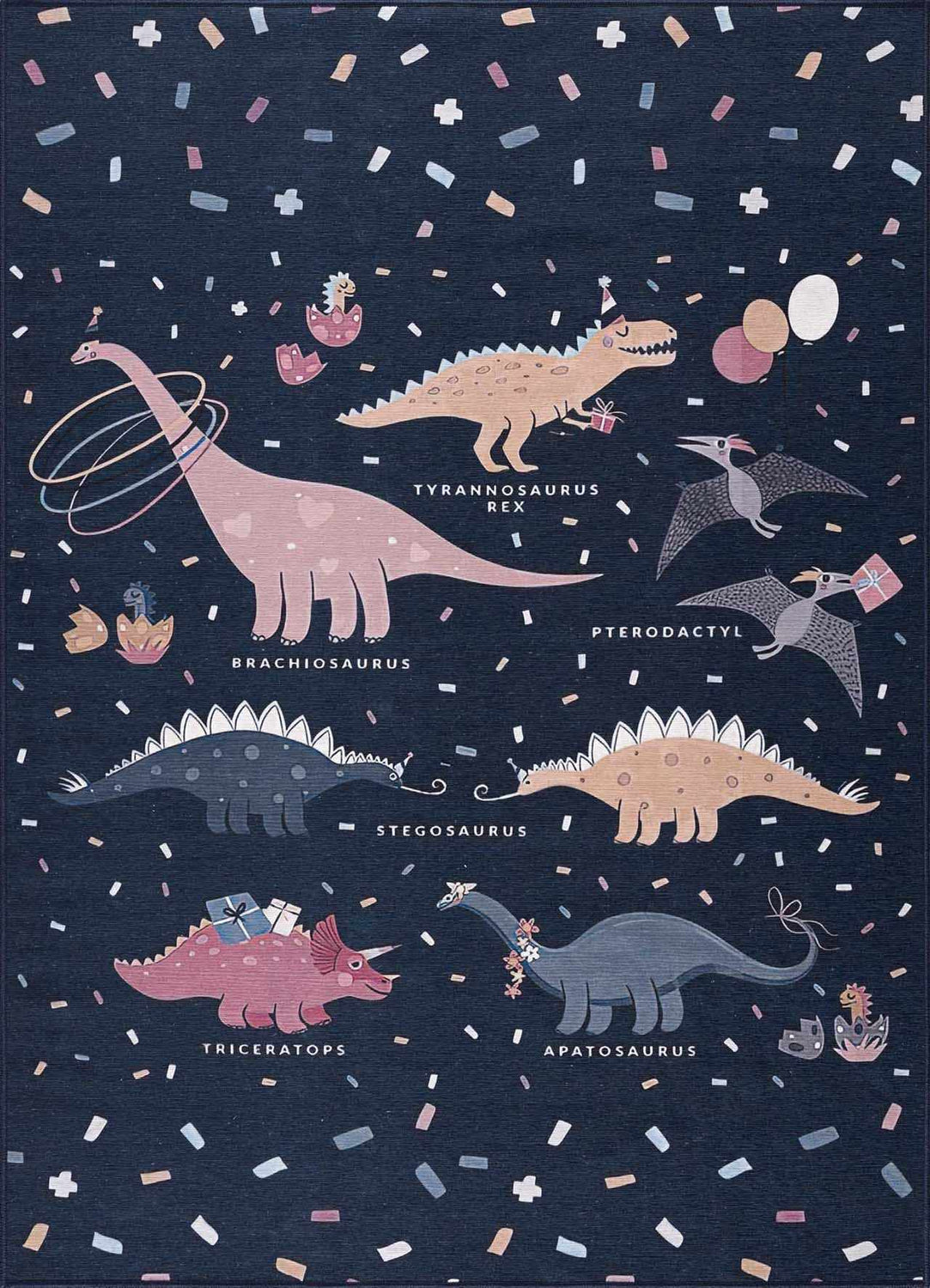 Close-up of the Milne Navy Dinosaur Washable Kids Rug. Features cartoon dinosaurs like T-Rex, Stegosaurus, and Triceratops on a navy background. Design-Rectangle-46