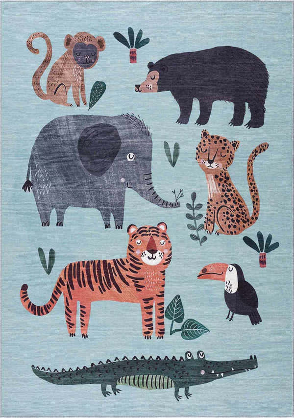Petey Blue Animal Print Washable Kids Rug with monkey, bear, elephant, tiger, toucan, leopard, and alligator on aqua background. Design-Rectangle-46
