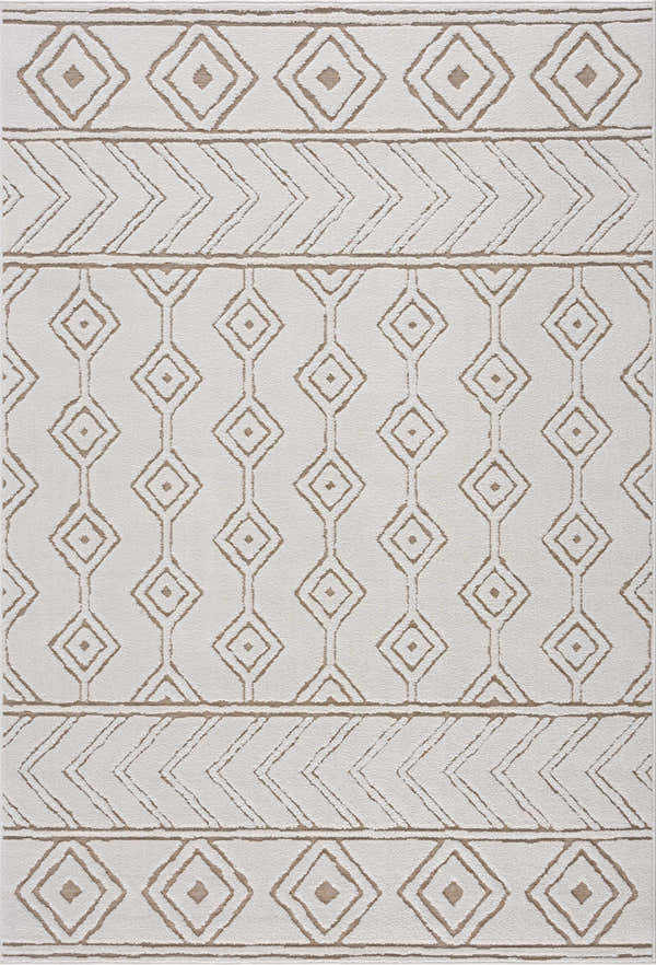 Close-up of the Mocho 3D Outdoor Area Rug. Bohemian geometric pattern in gray, light peach, nutmeg, and sage tones. Design-Rectangle-5373
