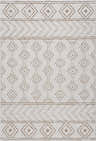Close-up of the Mocho 3D Outdoor Area Rug. Bohemian geometric pattern in gray, light peach, nutmeg, and sage tones. Design-Rectangle-5373