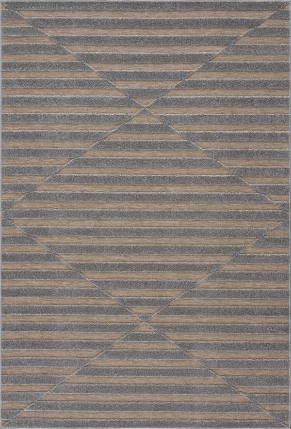 Close-up of Webuye 3D Outdoor Area Rug. Gray and brown striped geometric pattern. Contemporary style. Design-Rectangle-5373