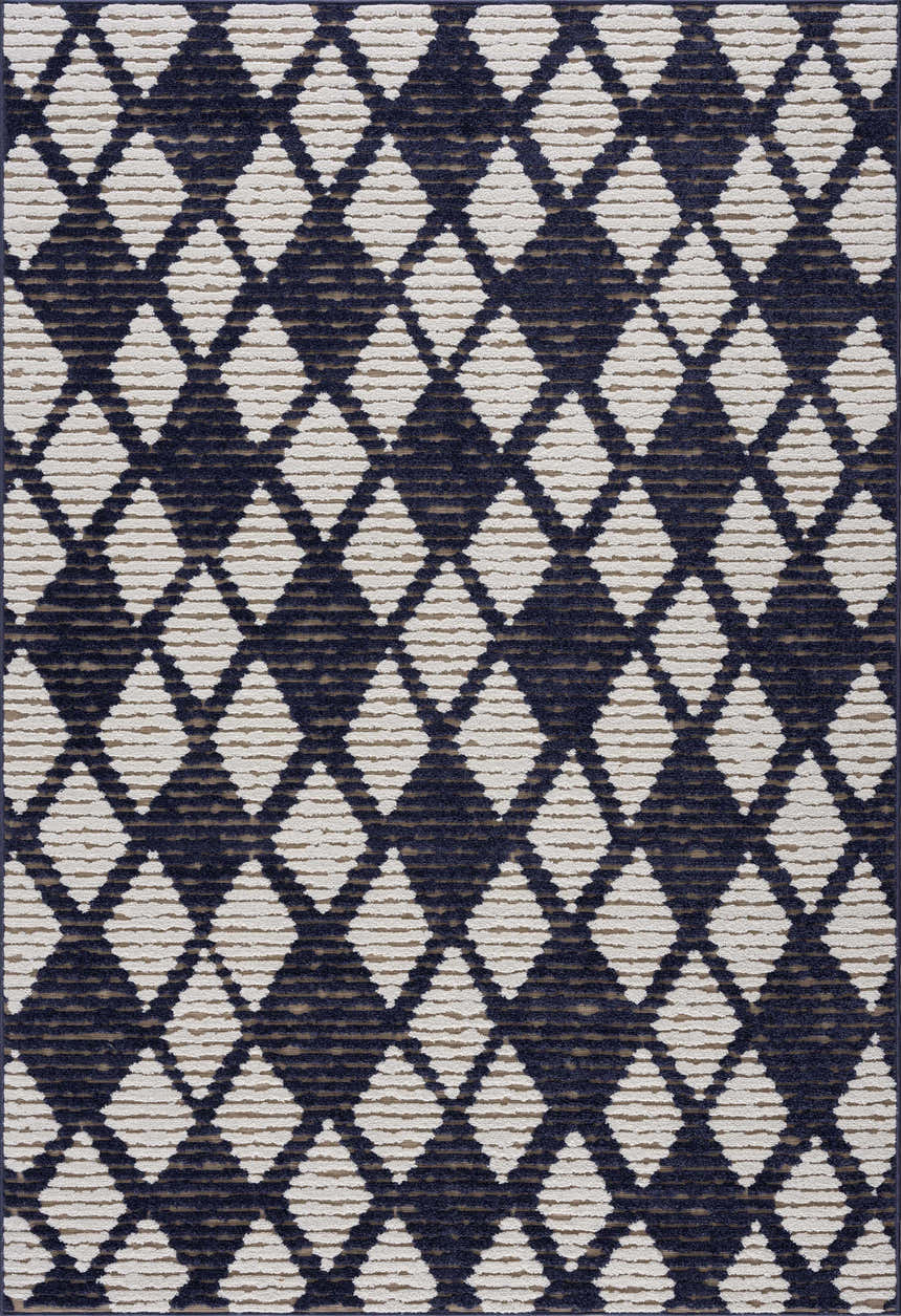 Close-up of the Enhaut 3D Outdoor Area Rug with a geometric diamond pattern in bone, cloud gray, and light gray. Design-Rectangle-5373