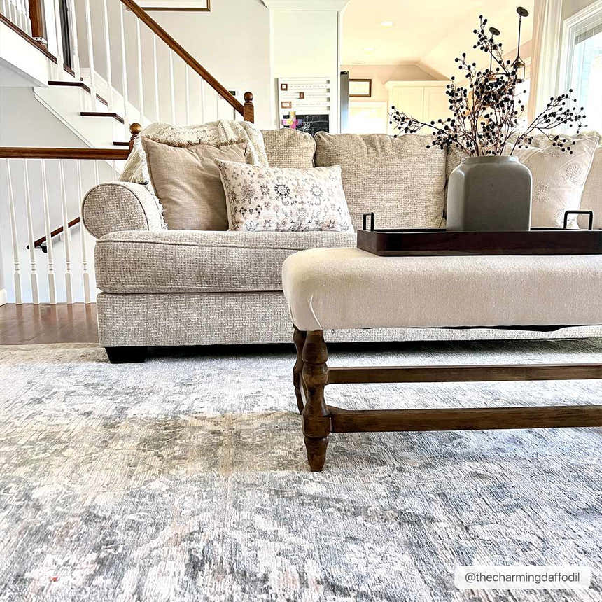 Living room scene with a cream sofa and the gray Guiwanon Area Rug. Farmhouse style with neutral tones and a cozy mood. Roomscene-Rectangle