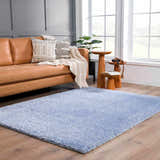 Living room with a Faina Solid Aqua Shag Rug, tan leather sofa, patterned pillows, and wood accent tables. Roomscene-Rectangle