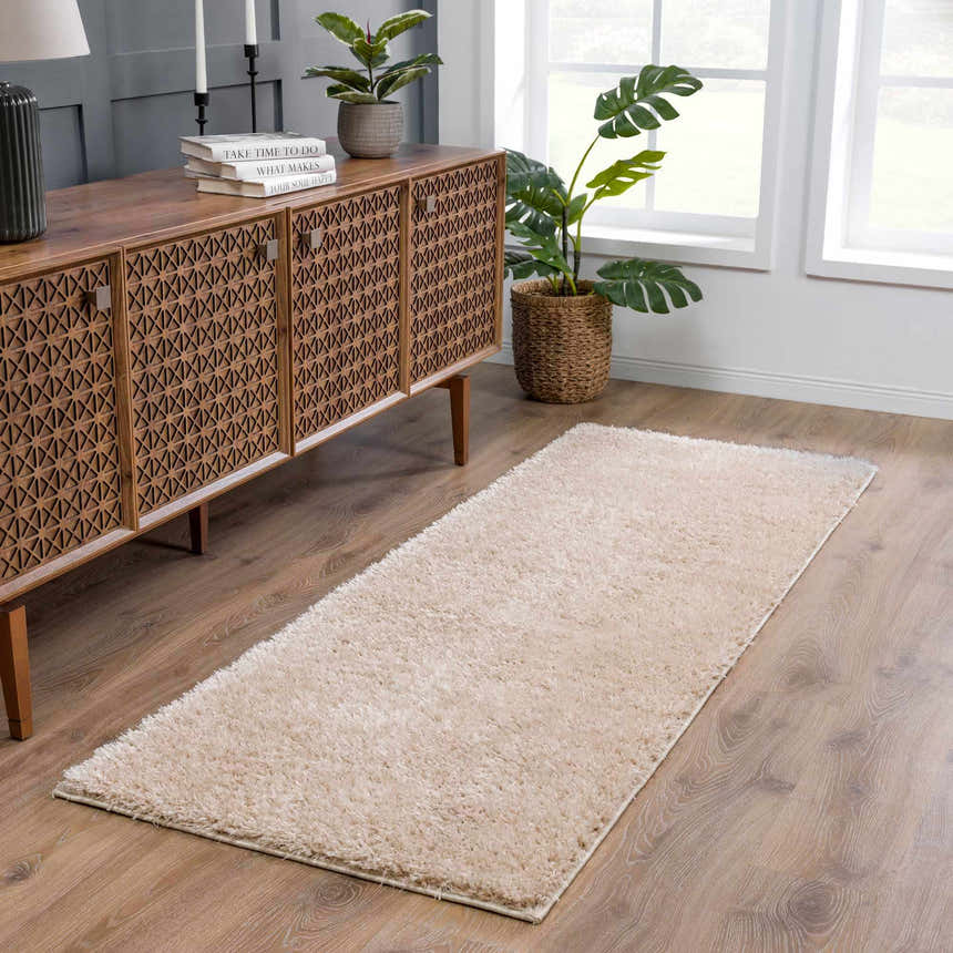 Entryway with Faina Solid Beige Shag runner rug, wood floors, patterned cabinet, and plants for a modern, inviting look. Roomscene-Runner
