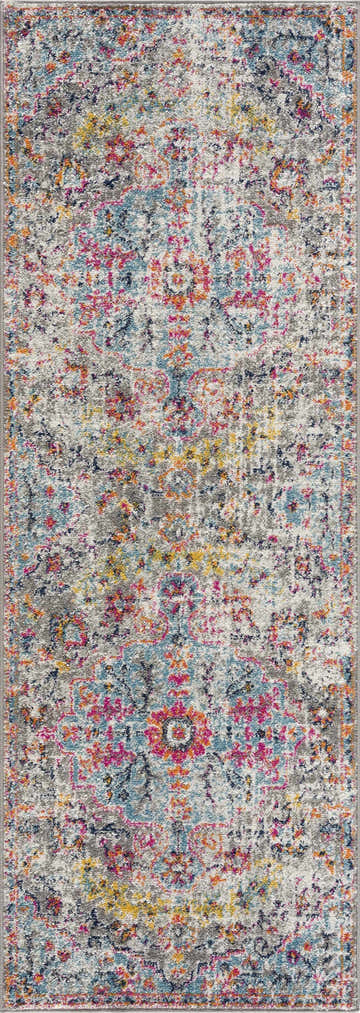 Close-up of the Delanson Colorful Area Rug. Features a vintage-inspired design with burgundy, teal, and orange hues. Design-Runner-2710