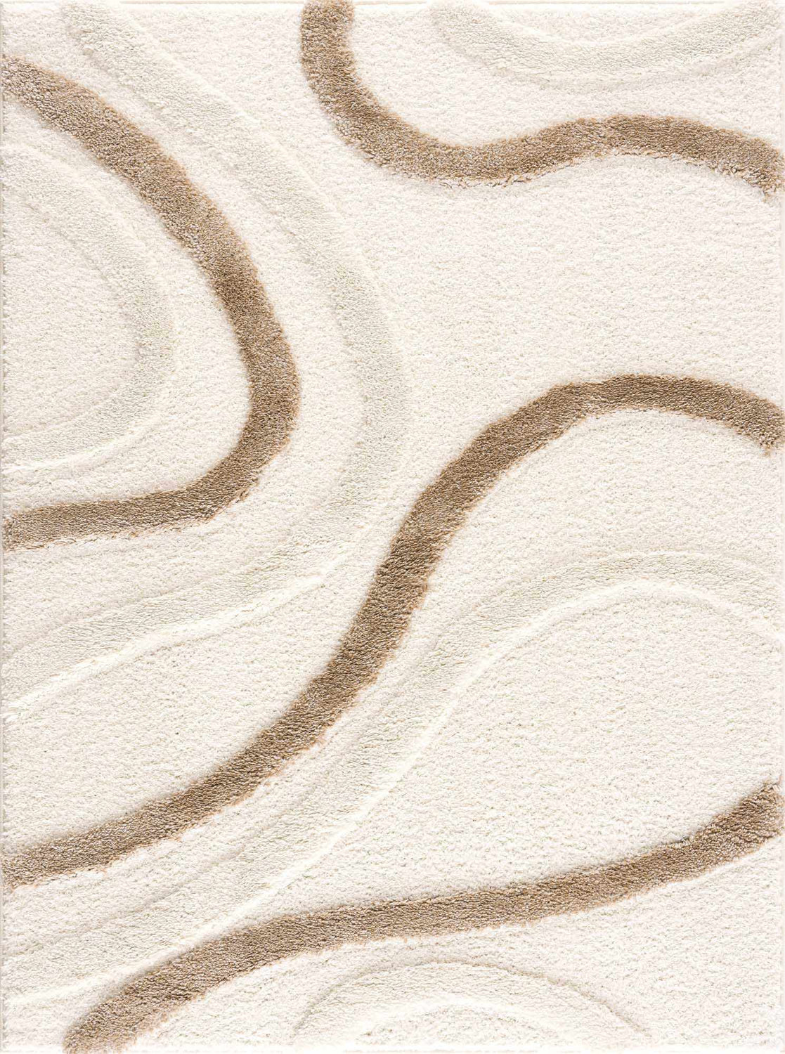 Close-up of the Espiye Area Rug: a shag rug with a driftwood swirl pattern on a light peach background. Design-Rectangle-537