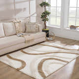 Living room scene with a neutral sofa and the Espiye Area Rug, a shag rug with brown wavy lines. Roomscene-Rectangle