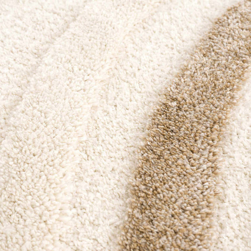 Close-up of the Espiye Area Rug showing its shag texture and striped pattern in driftwood and light peach colors. Texture