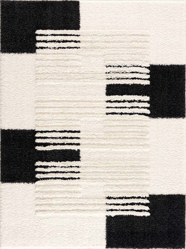 Close-up of the Astro Modern Shag Area Rug. Features a geometric pattern in black and driftwood hues, with a soft shag texture. Design-Rectangle-537