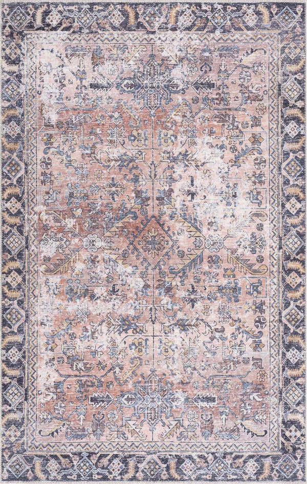 Detailed Holi-2305 Boutique Washable Rug. Vintage design with burgundy, cream, slate, and yellow tones. Traditional farmhouse style. Design-Rectangle-537