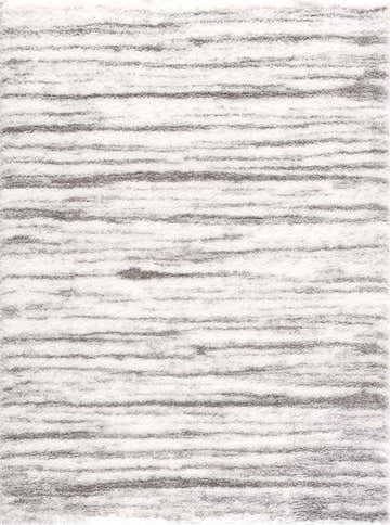 Close up of the Lotta Area Rug. Gray and white shag rug with a horizontal stripe pattern. Design-Rectangle-537