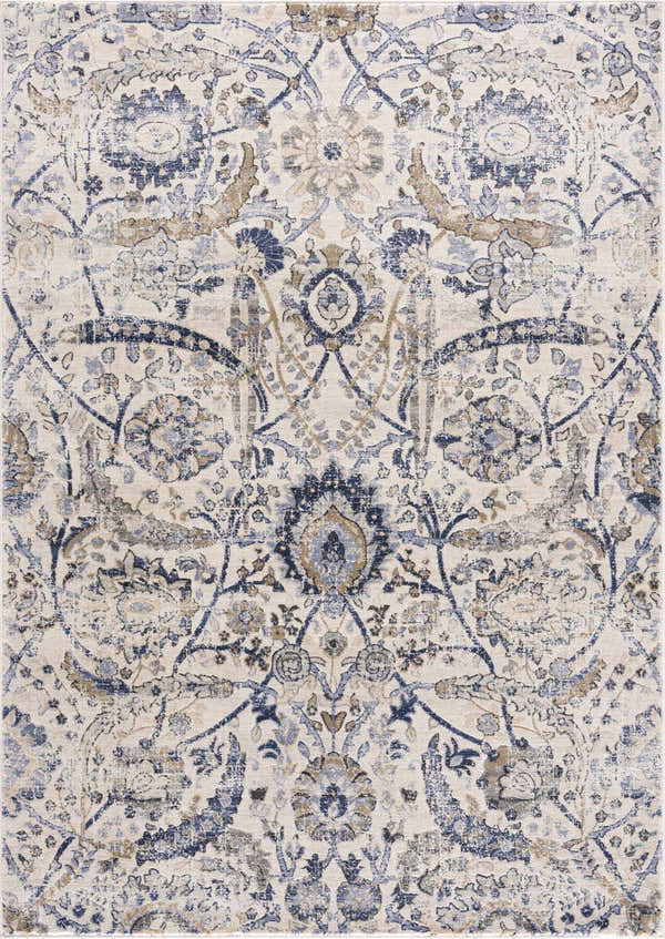Close-up of the Georgiana Blue & Beige Oushak Rug, showcasing its traditional floral pattern and distressed texture. Design-Rectangle-5373
