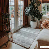 Sunroom with beige Igone Area Rug, brown curtains, white door, and large potted Monstera plant. Roomscene-Rectangle