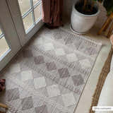 Entryway with beige Igone Area Rug. Farmhouse style with diamond pattern in beige, brown, and gray. Neutral tones. Roomscene-Rectangle
