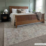 Bedroom scene with a cloud gray Istas Thick Luxe Area Rug under a wood bed, creating a farmhouse style. Roomscene-Rectangle