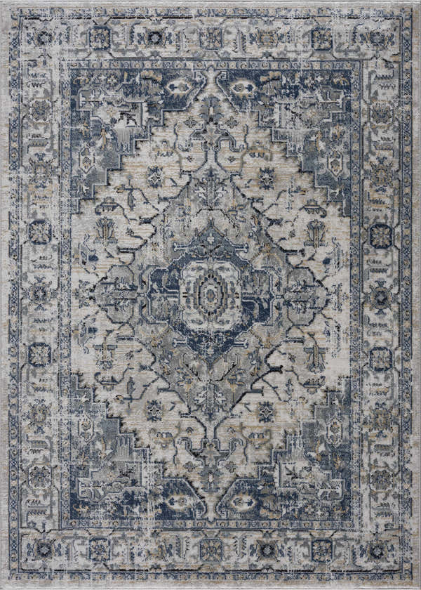 Detailed view of the Murrindindi Area Rug. Bohemian style with blue, cream, gold, and gray traditional pattern. Design-Rectangle-5373
