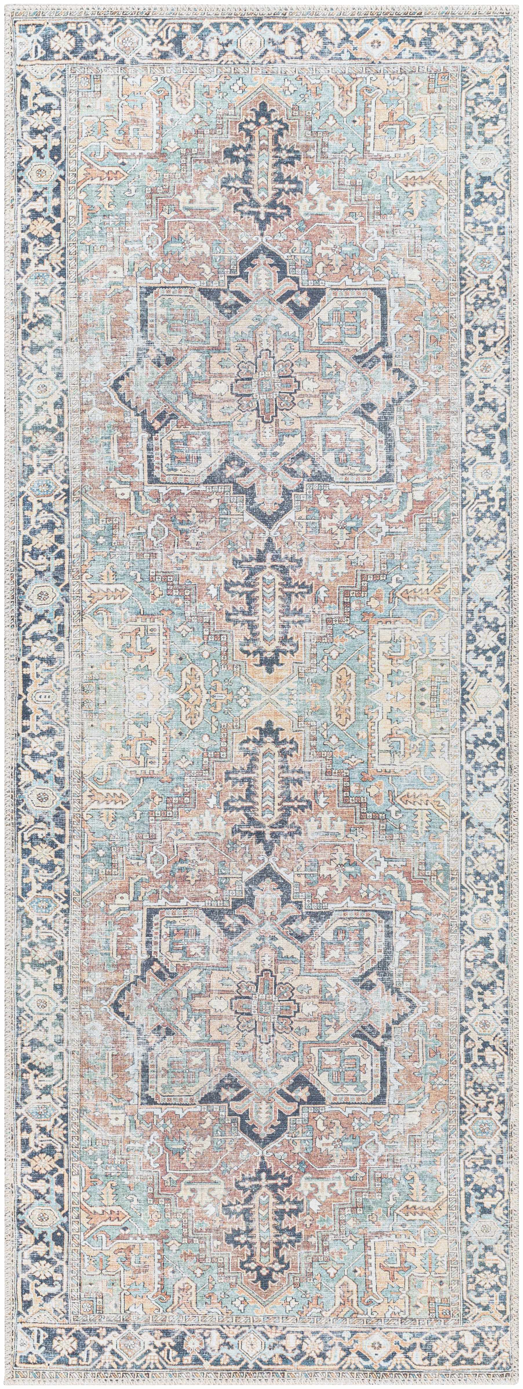Santi Green and Grey Traditional Distressed Washable Rug