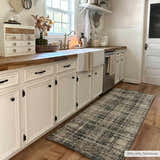 Farmhouse kitchen with white cabinets and wood counters featuring the Kenny Area Rug runner. Roomscene-Runner