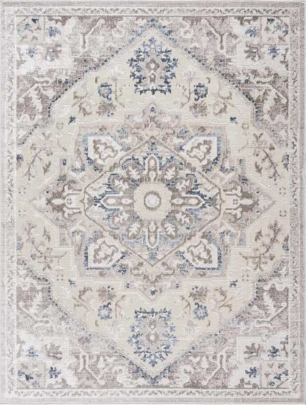 Detailed view of the Bakir Area Rug, showcasing its traditional blue and gray floral medallion pattern. Design-Rectangle-46