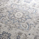 Close-up of the Bakir Area Rug. Features a traditional floral pattern in shades of blue and gray on a textured ivory background. Texture