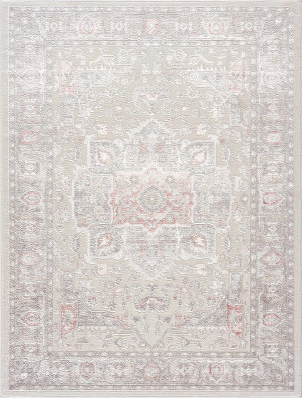 Close-up of the Damla Area Rug. Gray and pink vintage style rug with a traditional, ornate pattern. Design-Rectangle-46