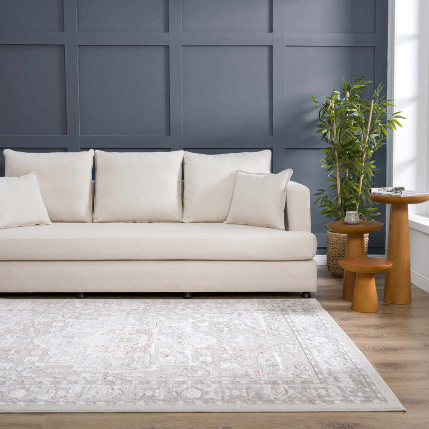 Living room with a gray Damla Area Rug, cream sofa, wood side tables, and a dark blue accent wall. Roomscene-Rectangle