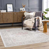 Living room scene with gray walls, wood furniture, and a pink and gray Damla Area Rug. Roomscene-Rectangle
