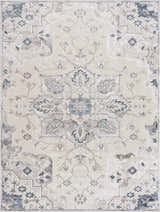 Close-up of the Calum Blue & Gray Area Rug. Traditional Oriental design with floral and geometric patterns in soft blue and gray tones. Design-Rectangle-46