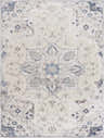 Close-up of the Calum Blue & Gray Area Rug. Traditional Oriental design with floral and geometric patterns in soft blue and gray tones. Design-Rectangle-46