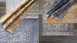 Overhead view of multiple Accokeek Luxe Area Rugs in denim, beige, and navy with vintage-inspired designs. Styleshot