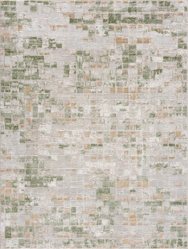 Close-up of the Liveri Green Mosaic Rug. Abstract design with green, gold, and ivory hues. Machine woven texture. Design-Rectangle