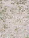 Close-up of the Liveri Green Mosaic Rug. Abstract design with green, gold, and ivory hues. Machine woven texture. Design-Rectangle