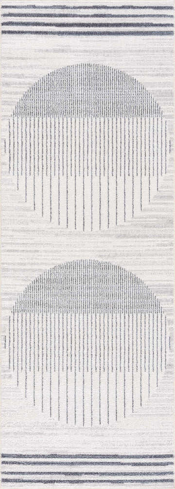 Close-up of the Thad Medium Gray Washable Area Rug, featuring a geometric pattern with bone, gray, and dark gray hues. Design-Runner-2773