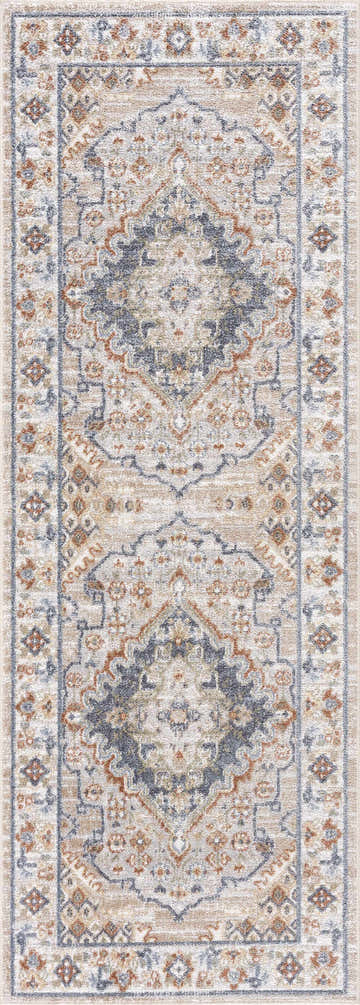 Detailed Erez Flat Pile Washable Rug with traditional diamond pattern in dark blue, rust, tan, and off-white. Design-Runner-2710