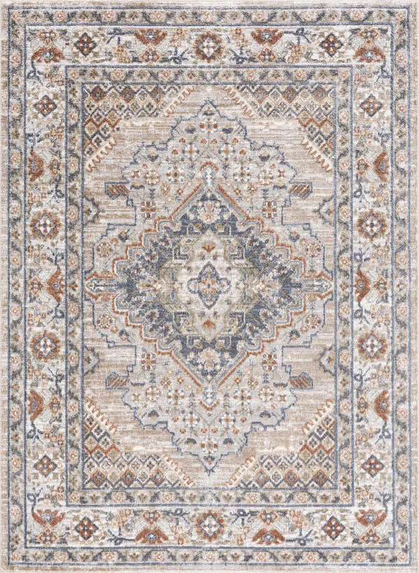 Detailed flat lay of the Erez Flat Pile Washable Rug with a traditional design in dark blue, rust, and tan hues. Design-Rectangle-5373