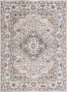 Detailed flat lay of the Erez Flat Pile Washable Rug with a traditional design in dark blue, rust, and tan hues. Design-Rectangle-5373