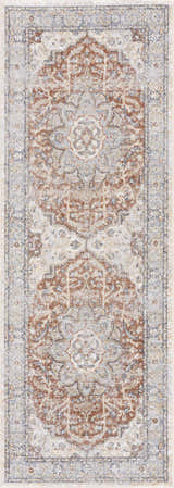 Close-up of Emke Flat Pile Washable Rug with a traditional design in bone, dark beige, gray, and smoke colors. Design-Runner-2773