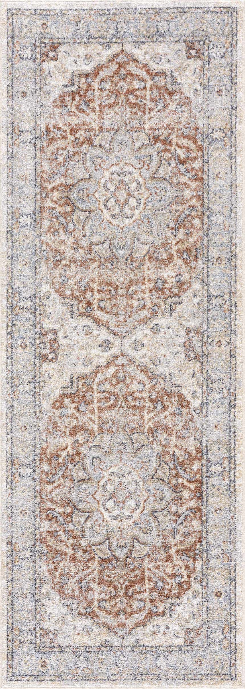 Close-up of Emke Flat Pile Washable Rug with a traditional design in bone, dark beige, gray, and smoke colors. Design-Runner-2773