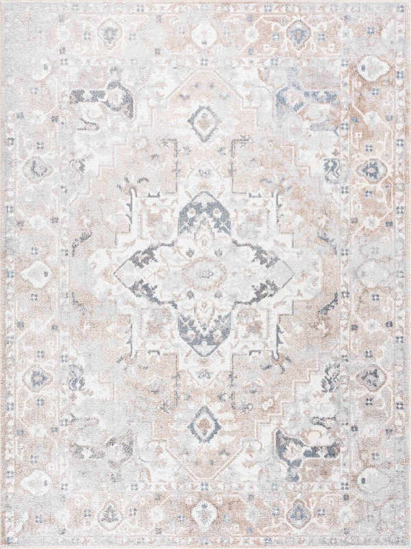 Close-up of Dobry Boutique Washable Rug. Machine-woven polyester rug in blue, off-white, and tan with a vintage oriental pattern. Design-Rectangle-5373