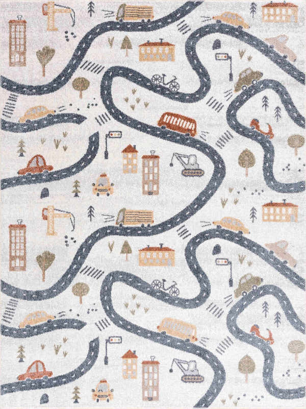 Close-up of Mave Roads Washable Rug for Kids. Cream rug with roads, cars, and buildings pattern. Kids & Novelty style. Design-Rectangle-5373
