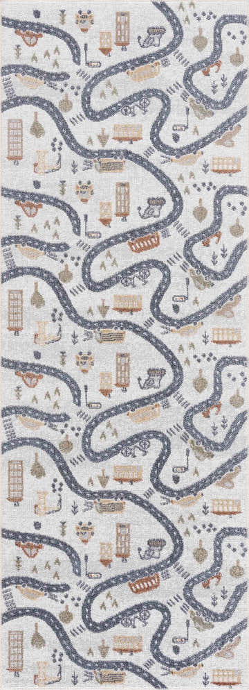 Close-up of the Mave Roads Washable Rug for Kids. Cream rug features a road map design with buildings and vehicles. Design-Runner-2773