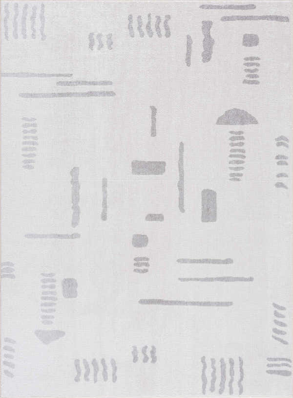 Close-up of the Eitan Modern Washable Off-White Rug. Abstract light gray line pattern on a cream polyester rug. Design-Rectangle-46