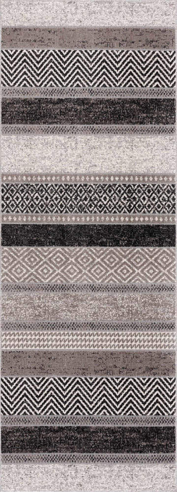 Close-up of the Middlestown Washable Area Rug. Features black, cream, and gray geometric stripes and patterns. Design-Runner-2773
