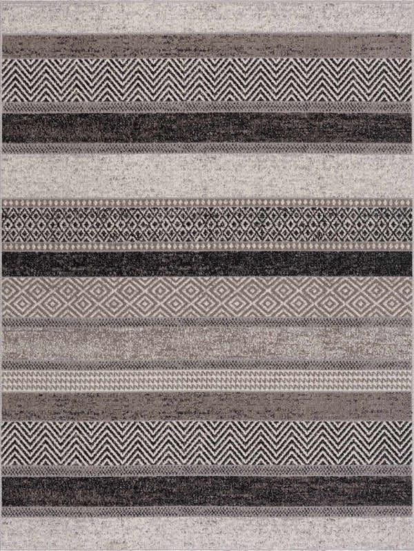 Close-up of Middlestown Washable Area Rug. Features stripes and geometric patterns in black, cream, gray, and beige hues. Design-Rectangle-537