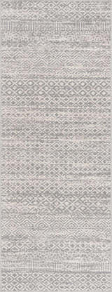 Close-up of Gravelbourg Washable Boho Rug. Gray and light gray geometric pattern. Machine woven texture. Design-Runner-2773