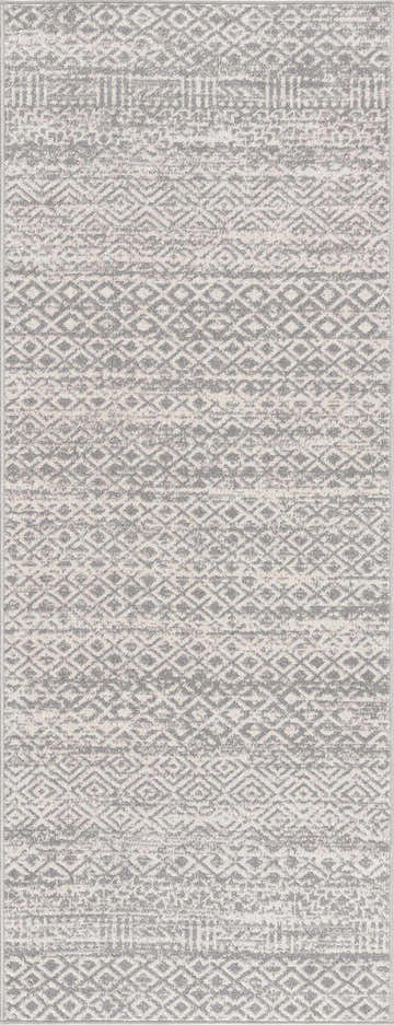 Close-up of Gravelbourg Washable Boho Rug. Gray and light gray geometric pattern. Machine woven texture. Design-Runner-2773