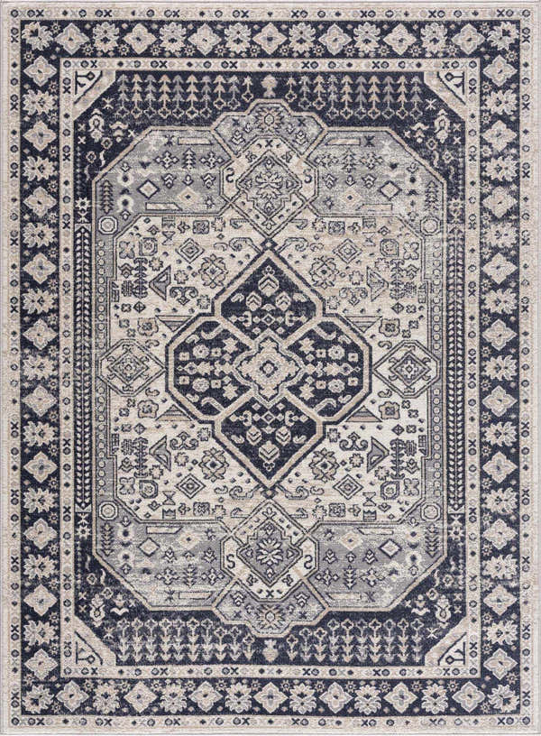 Detailed cream, light gray, and ink blue traditional pattern on a Cabacungan Washable Area Rug. Design-Rectangle-537